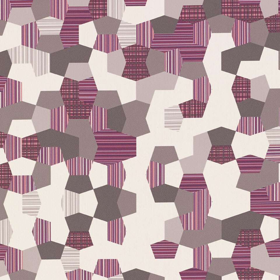 Textile swatch featuring a geometric pattern of irregular hexagonal shapes in soft pastel tones, including light gray, pink, and white. Some shapes are filled with fine linear detailing, giving the fabric a layered, dimensional look.