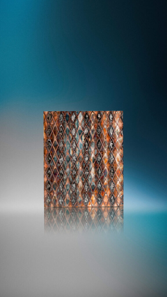 Rectangular sheet of patinated metal in a diamond lattice relief, blending rusted copper, teal oxidation, and darkened steel.