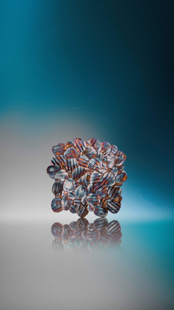 Cluster of overlapping petal-like metal discs in iridescent copper and steel hues, forming a textured sculptural surface.