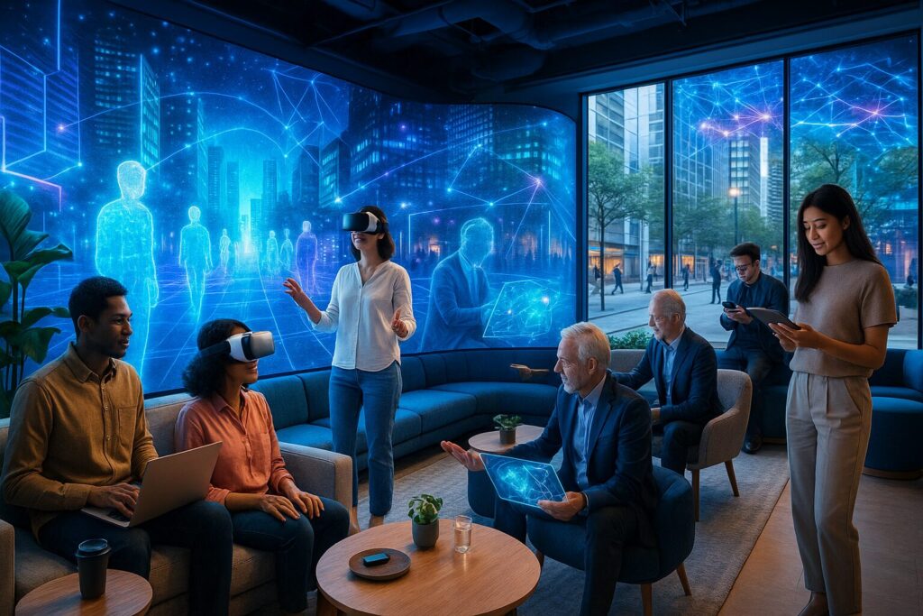 People in a lounge experiment with virtual reality headsets and tablets, surrounded by glowing holographic projections of digital figures and cityscapes.