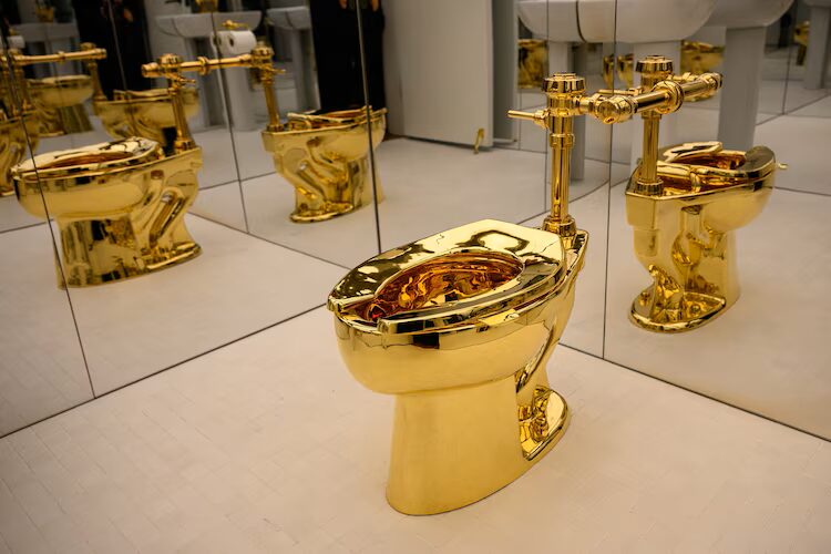 A fully functional 18-karat gold toilet gleams under gallery lighting, its mirrored surroundings multiplying the shine into a room of exaggerated opulence. The piece sits like a sculptural centerpiece, turning a familiar fixture into an unmistakable commentary on luxury and spectacle.