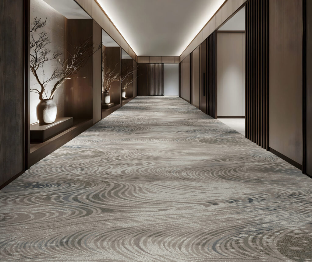 A serene corridor carpeted in a silvery-gray pattern that ripples like wind across snow, framed by warm wood walls and soft lighting. The design feels meditative and precise, blending natural rhythm with architectural calm.