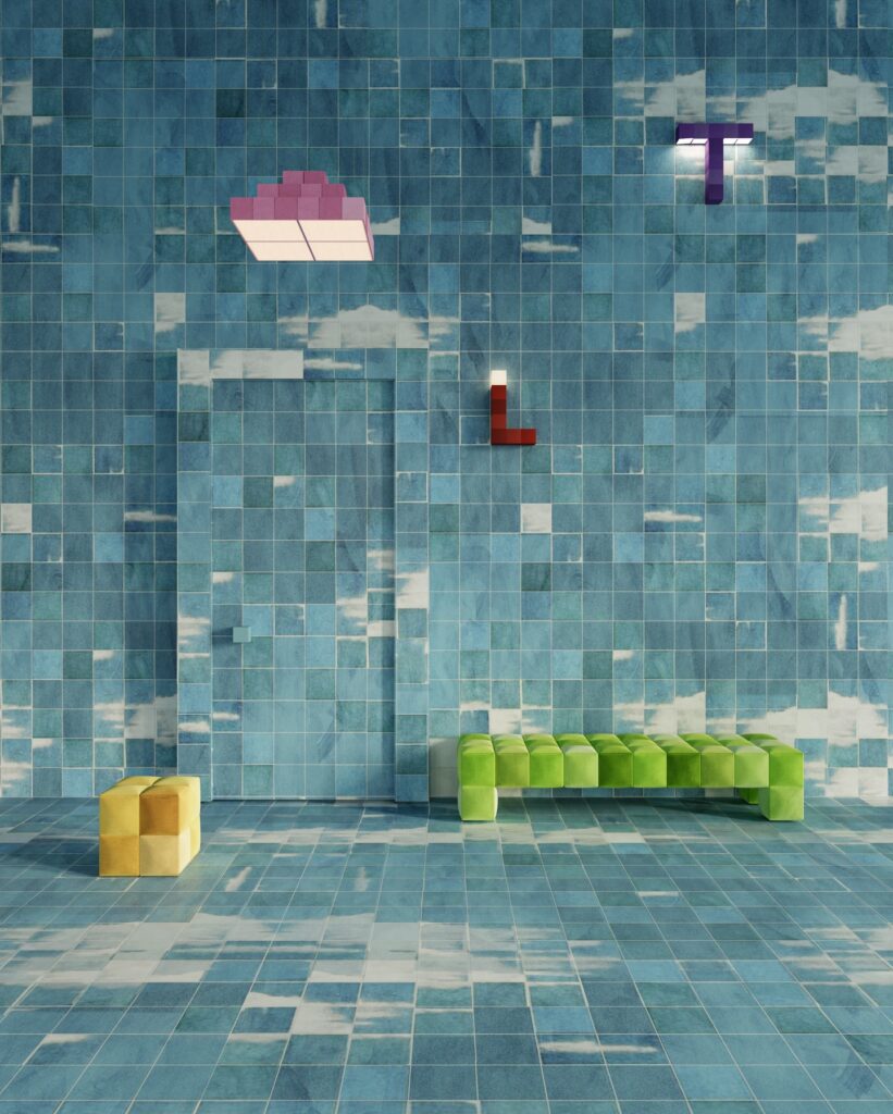 In a surreal blue-tiled interior, pixel-like poufs and blocky wall sconces appear as if digitally placed into a physical room, the yellow cube anchoring the scene against a grid of shifting blues.
