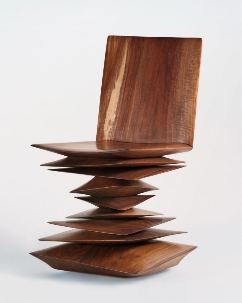 A sculptural walnut chair formed from stacked, carved planes that taper to sharp, petal-like edges, creating a base that feels both weightless and anchored. The silhouette reads as functional art, a seat seemingly paused mid-motion.