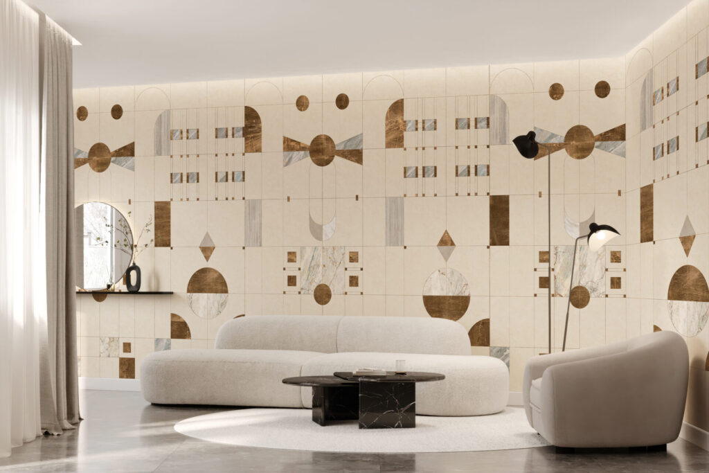 Luxury wallcovering with geometric Art Deco pattern, where warm neutrals and marble-like inlays are punctuated by subtle Swarovski® crystal accents, creating a light-responsive feature wall in a contemporary lounge setting.