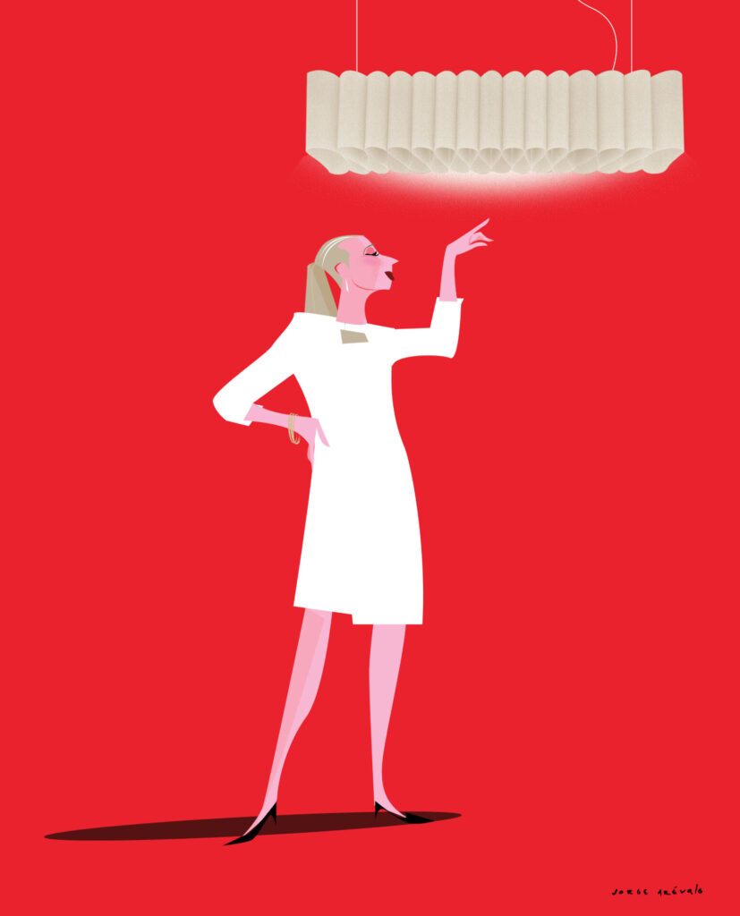 Illustrated portrait of Felicia Arvid gesturing toward the Pli pendant, its pleated form suspended above her as color and scale frame a conversation between designer and light.