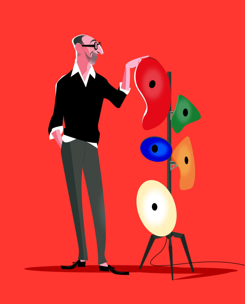 Ferruccio Laviani illustrated interacting with the Orbital floor lamp, its colorful disc-like shades stacked vertically to suggest play, balance, and design curiosity.