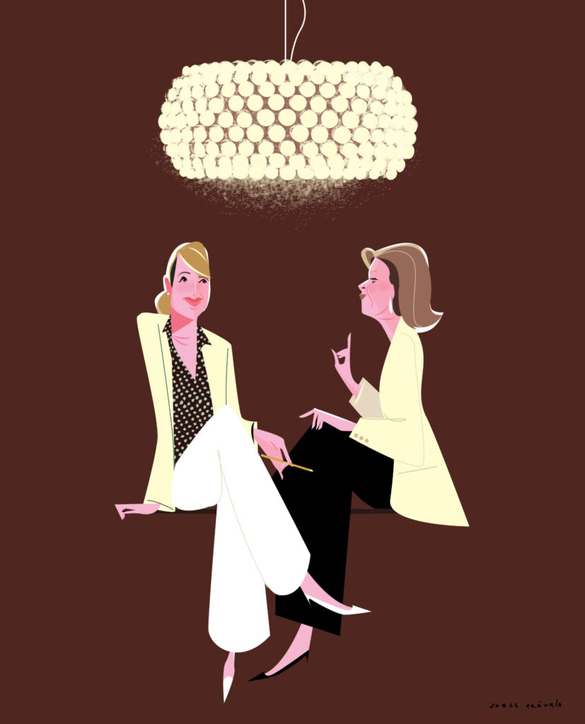 Illustration of Patricia Urquiola and Eliana Gerotto seated beneath the Caboche pendant, its clustered form glowing overhead as conversation and design share equal weight.