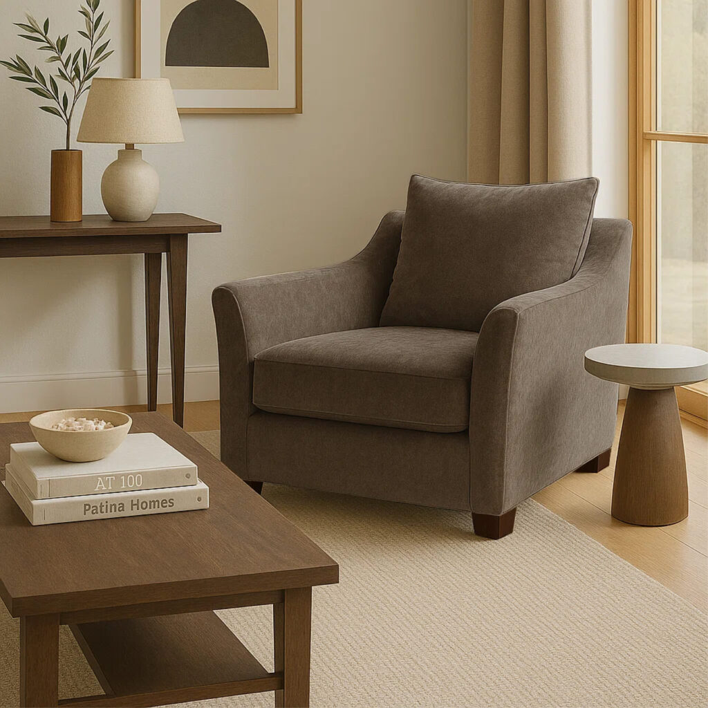 Truffle-toned performance upholstery lounge chair with relaxed proportions and subtle curves, paired with natural wood accents to emphasize comfort-driven seating for shared commercial spaces