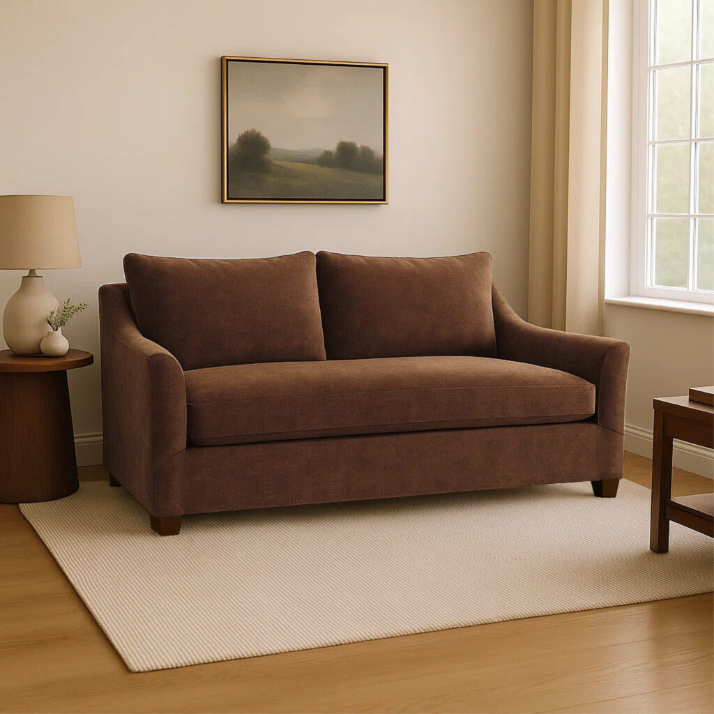 Warm sienna performance upholstery sofa with gently curved arms and tailored bench seat, styled in a neutral living space to highlight hospitality-ready durability and residential comfort