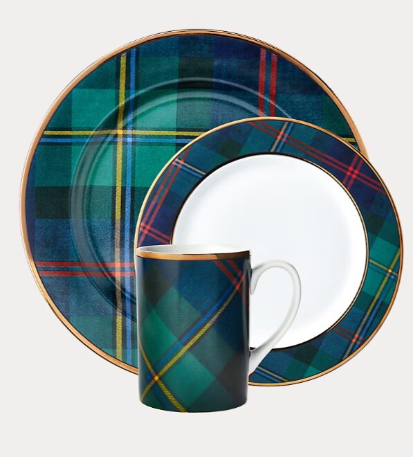 Ralph Lauren tartan plates and mug in deep green and blue plaid, offering holiday decor that leans classic but feels graphic and tailored.