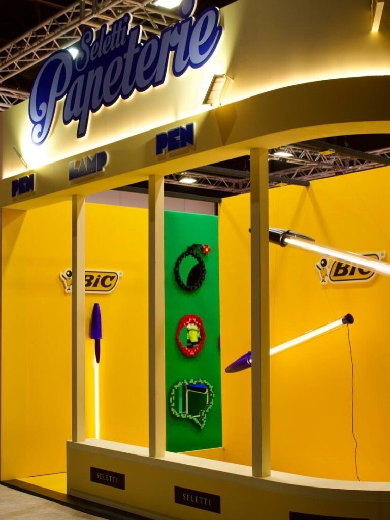 Wide view of Seletti’s Maison&Objet 2026 booth showcasing the BIC Lamp collection, where playful scale and color frame statement lighting as exhibition design.
