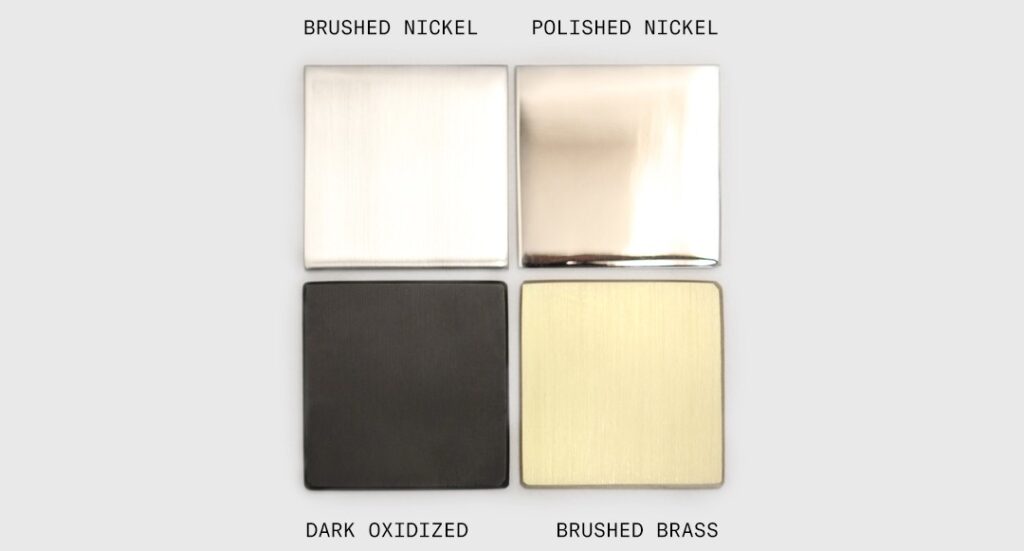 Metal finish options for SkLO tables, including brushed nickel, polished nickel, dark oxidized, and brushed brass.