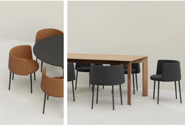 Upholstered dining chairs grouped around a wood table, demonstrating Sonic’s restraint and suitability for commercial dining settings.