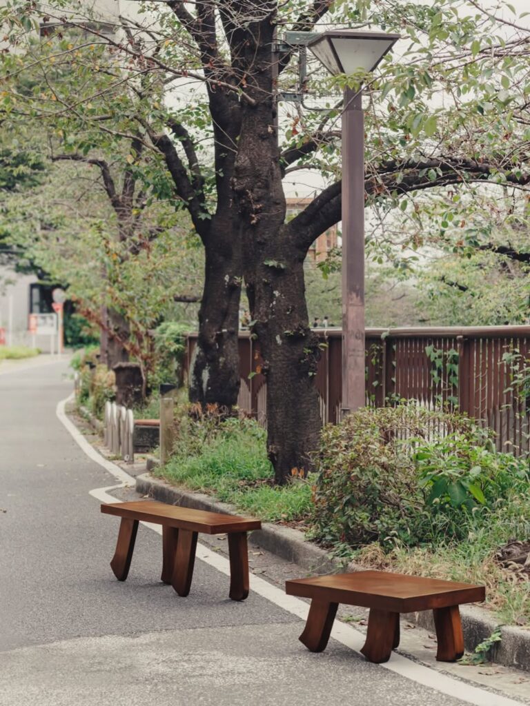 Barefoot Collection wooden benches with angled, foot-like legs placed along a tree-lined sidewalk — sculptural solid wood benches with mid-stride base