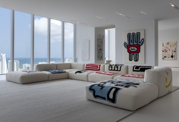 MARYEEFI modular sofa with removable art covers installed in a contemporary interior, demonstrating how statement seating can evolve through surface alone.