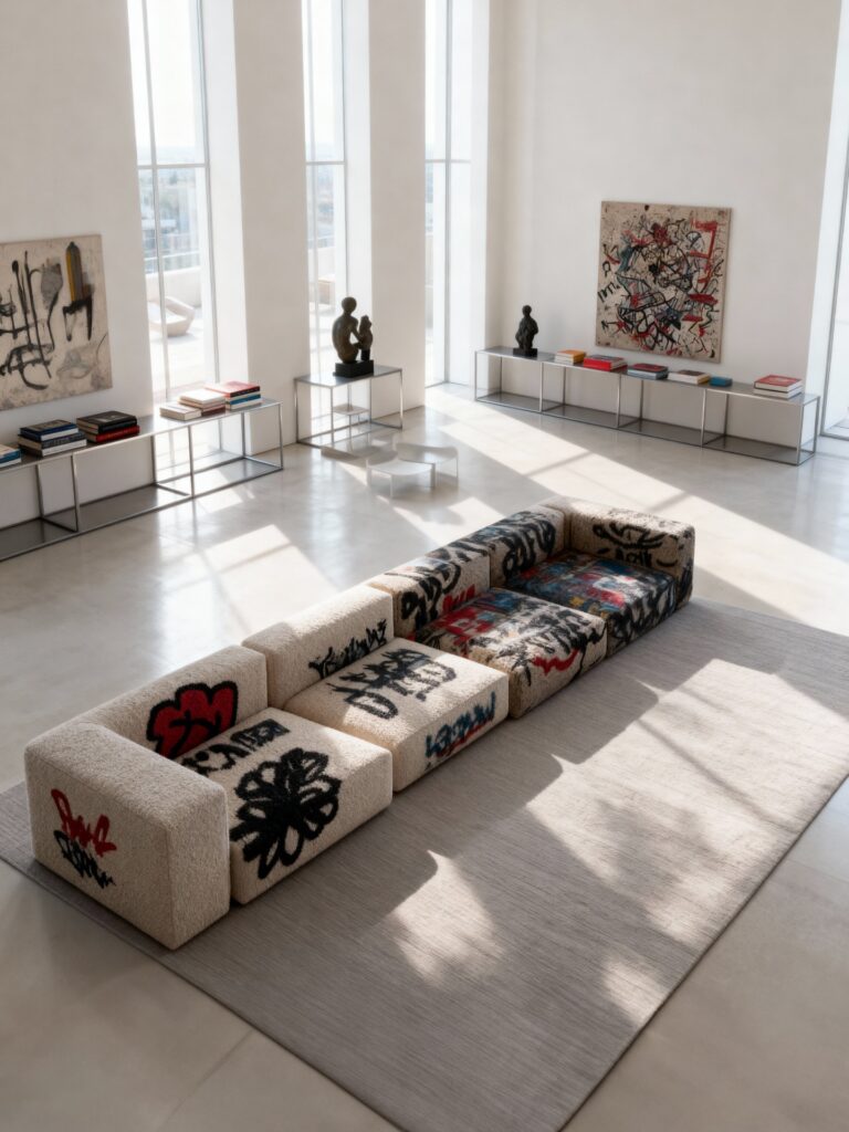 Low-profile modular sofa with hand-drawn graphic upholstery placed in a sunlit interior, emphasizing flexibility, surface expression, and informal seating.