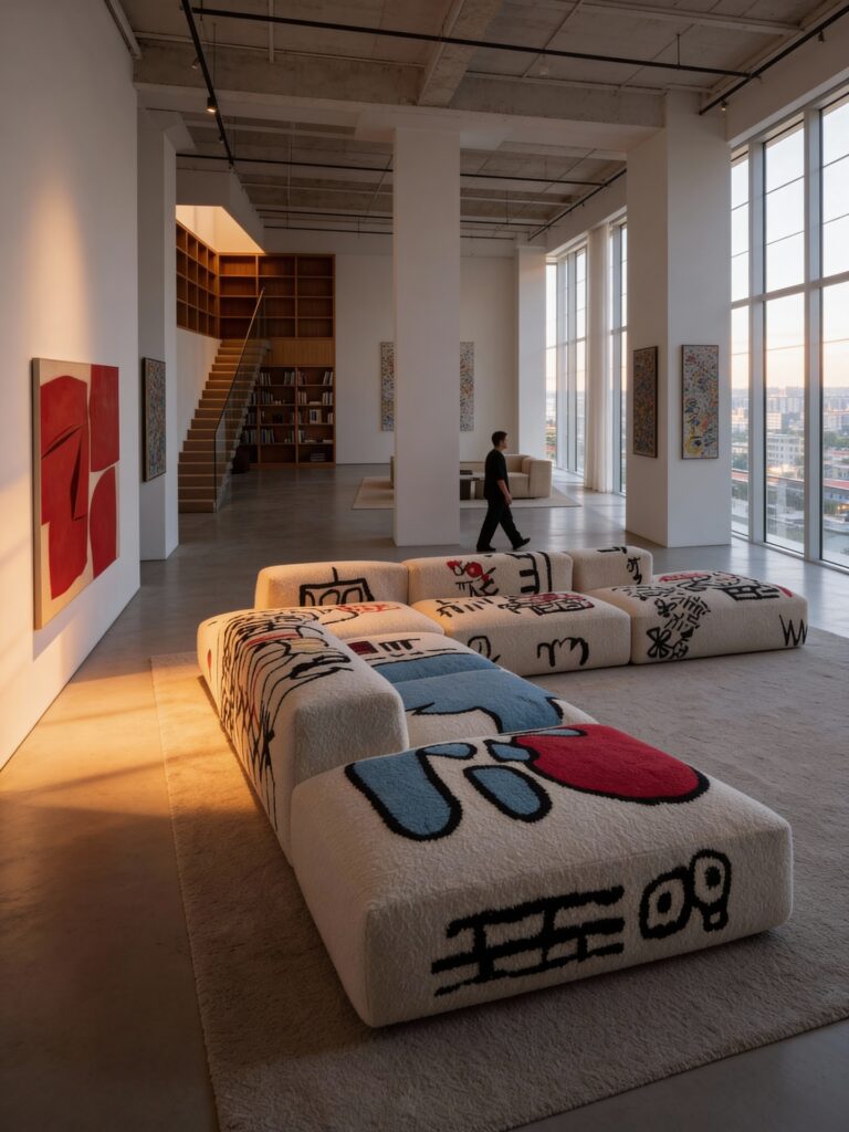 Modular sofa with graffiti-inspired upholstery positioned within a large-scale residential interior, balancing playful surface design with architectural restraint.