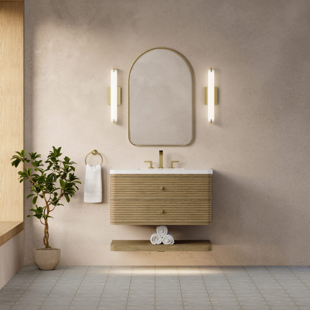 Curved, wall-mounted bathroom vanity with louvered wood front and motion-sensing LED shelf, blending modern restraint with furniture-grade craftsmanship.