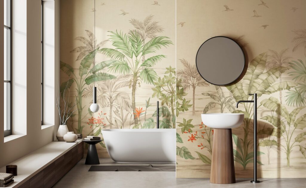 Botanical wallcovering with palm trees and soft tropical foliage, used in a refined bathroom setting to introduce nature-inspired imagery without visual excess.