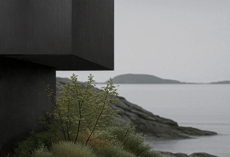 Modern coastal façade clad in Neolith ARCHITECTURAL Obsidian with Rigato vertical texture, demonstrating lightweight large-format panels engineered for high-performance ventilated façade systems.