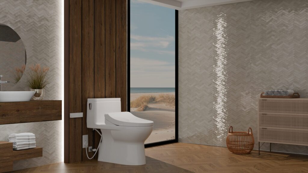 Redington toilet in a spa-inspired bath with wood paneling and ocean views, combining Universal Height comfort with refined commercial bathroom design detailing.