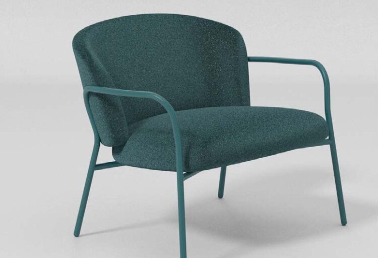 Biophilic lounge seating with a soft, rounded upholstered seat cradled by a slim teal metal frame, balancing structure and comfort