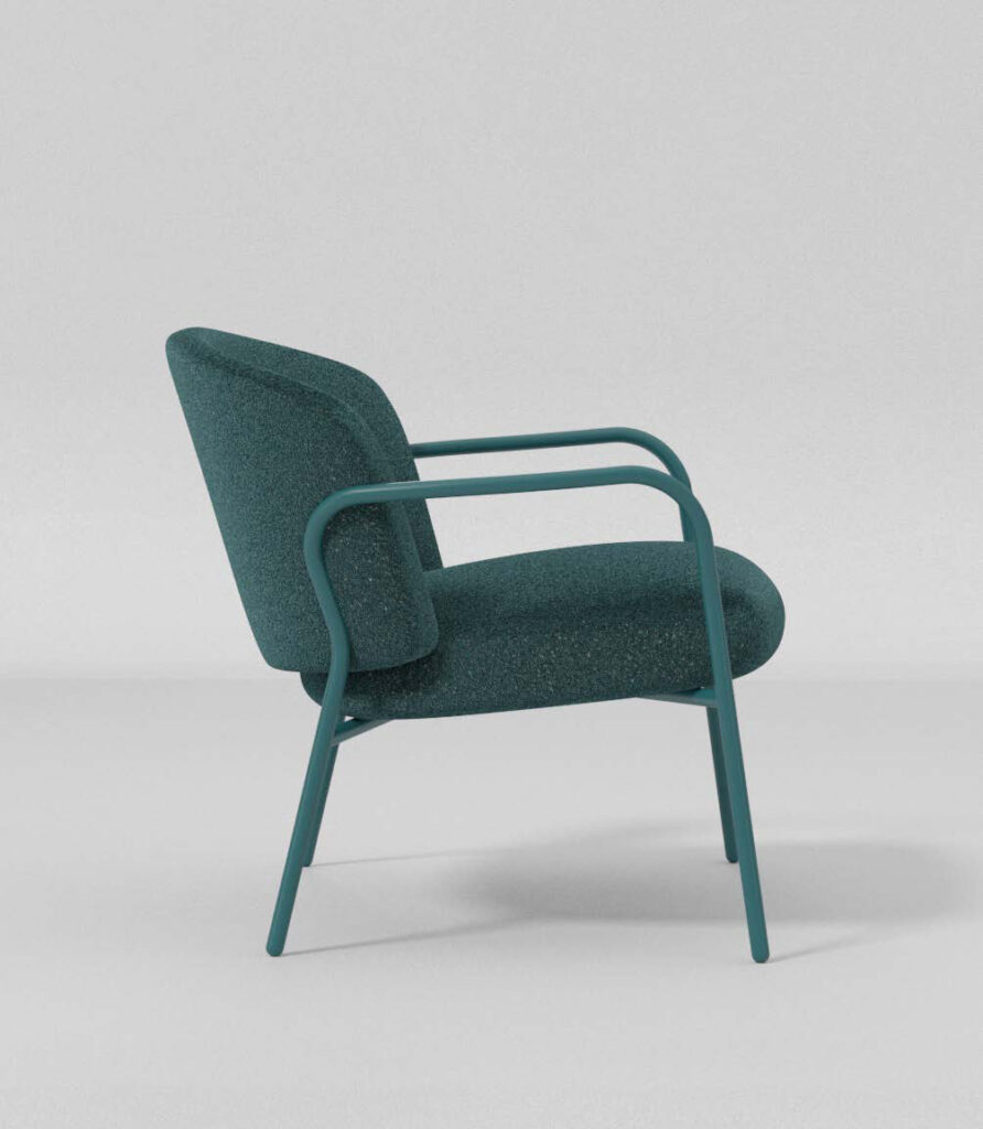 Side profile of biophilic lounge seating highlighting the contrast between airy metal arms and plush, cloudlike cushioning