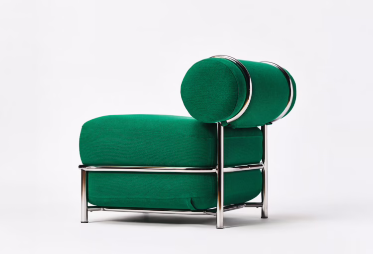 Inflatable furniture detail highlighting cylindrical bolster backrest secured with chrome rings above a rounded cushioned seat