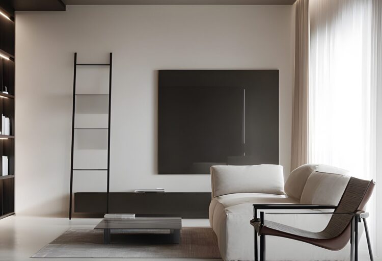 Sculptural decorative lighting fixture with layered geometric diffuser mounted to ceiling, casting soft, even light across a minimal modern living space