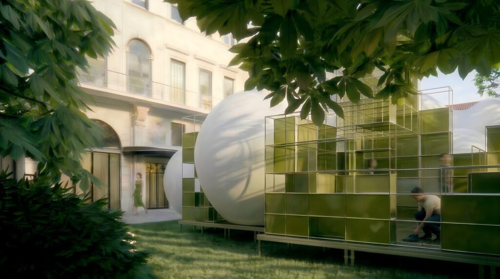 Immersive design installation in a Milan garden with translucent USM grid structures and inflated white membrane volumes set against a historic facade
