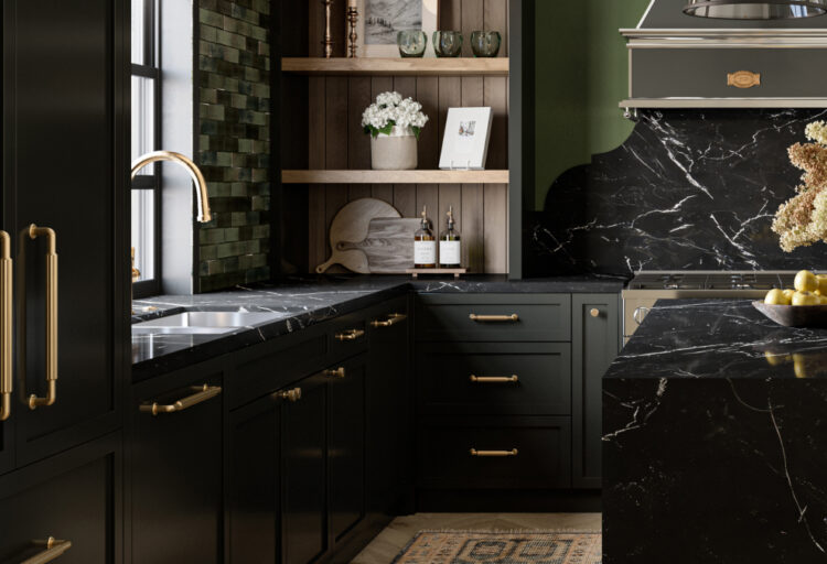 Moody luxury kitchen with black cabinetry, veined marble countertops, and brushed gold fluted cabinet hardware adding warmth to transitional millwork design.