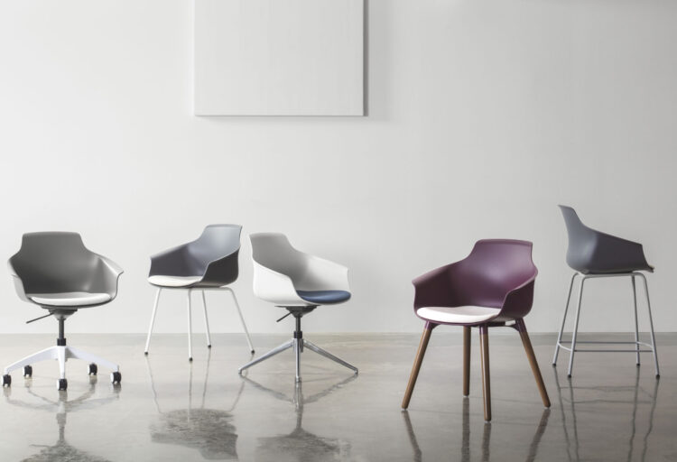 HON Brim polyshell bucket chair collection shown with caster, swivel, wood-leg, and stool bases in muted commercial seating colorways against a minimalist studio backdrop.
