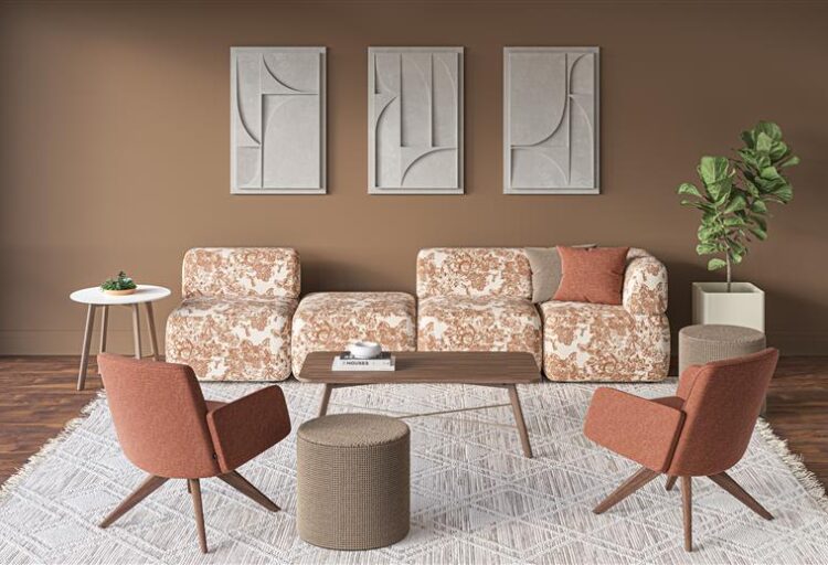 SoCo modular lounge seating upholstered in patterned HBF Textiles commercial upholstery paired with warm-toned lounge chairs in a hospitality-inspired office setting.