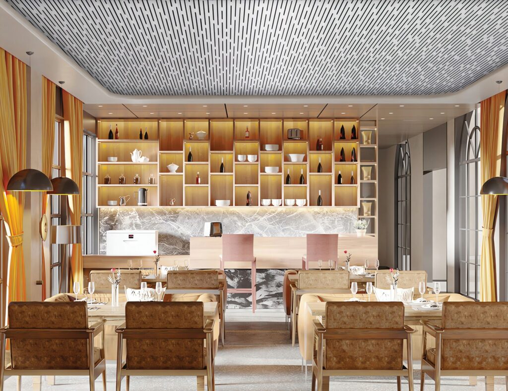 Chemetal metal ceiling panels with a linear perforated pattern installed above a hospitality dining room, paired with warm wood shelving, marble, and lounge seating.