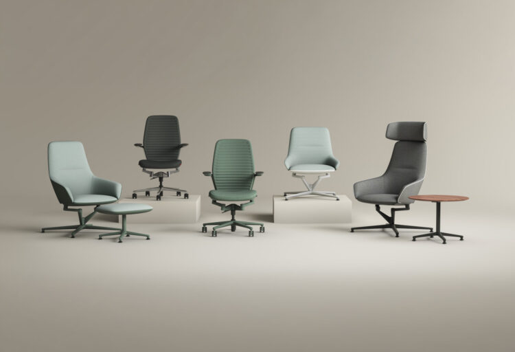 KI Kiaura human performance seating collection by Aaron DeJule, featuring task chairs, lounge chairs, ottoman, and side table with Cognetic Technology.