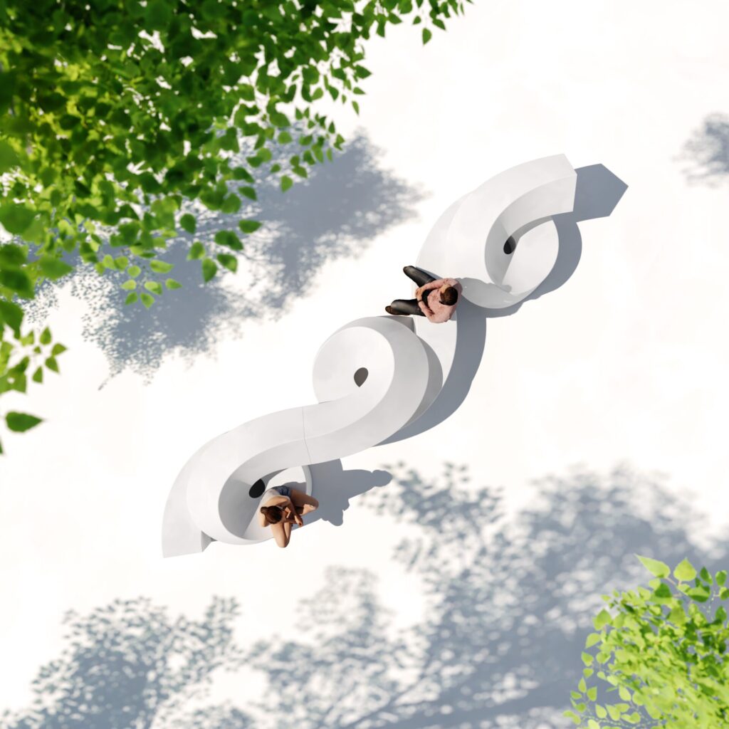 Modular outdoor seating by Sandler and Brogliato Traverso arranged as a flowing white spiral bench beneath dappled tree shadows.