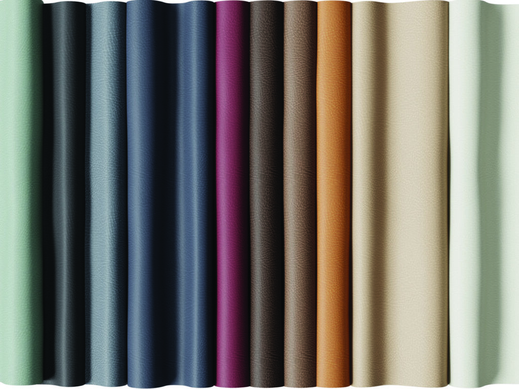 Thirteen colorways of Ultrafabrics Summit indoor/outdoor upholstery displayed as rolled material swatches with a leather-like finish.