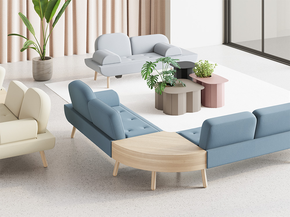 Hightower Stanza biophilic furniture with upholstered lounge seating, nesting occasional tables with integrated planters, and a connecting wood surface.