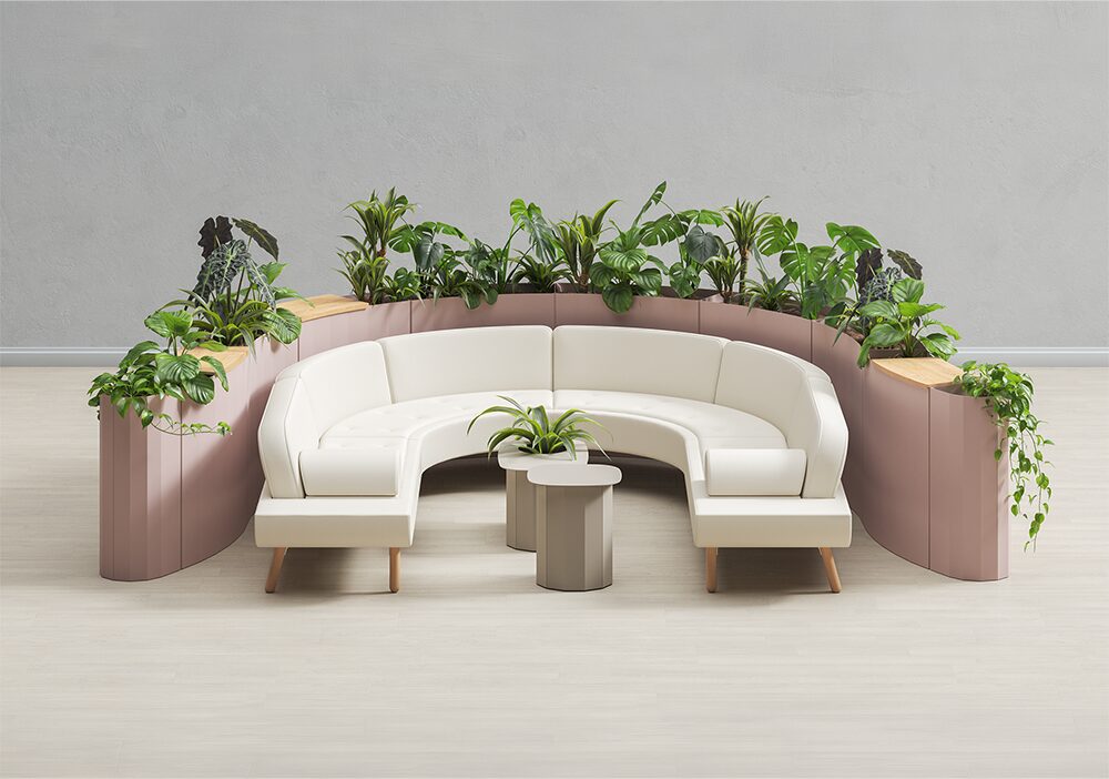 Hightower Stanza biophilic furniture featuring curved modular planters surrounding a semicircular lounge sofa with integrated side tables and nesting occasional tables.
