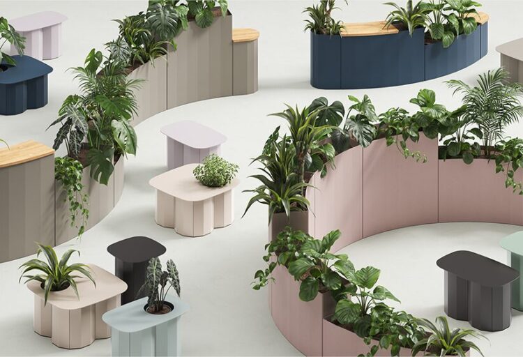 Hightower Stanza biophilic furniture collection of modular planters and nesting occasional tables in multiple colors with integrated greenery.