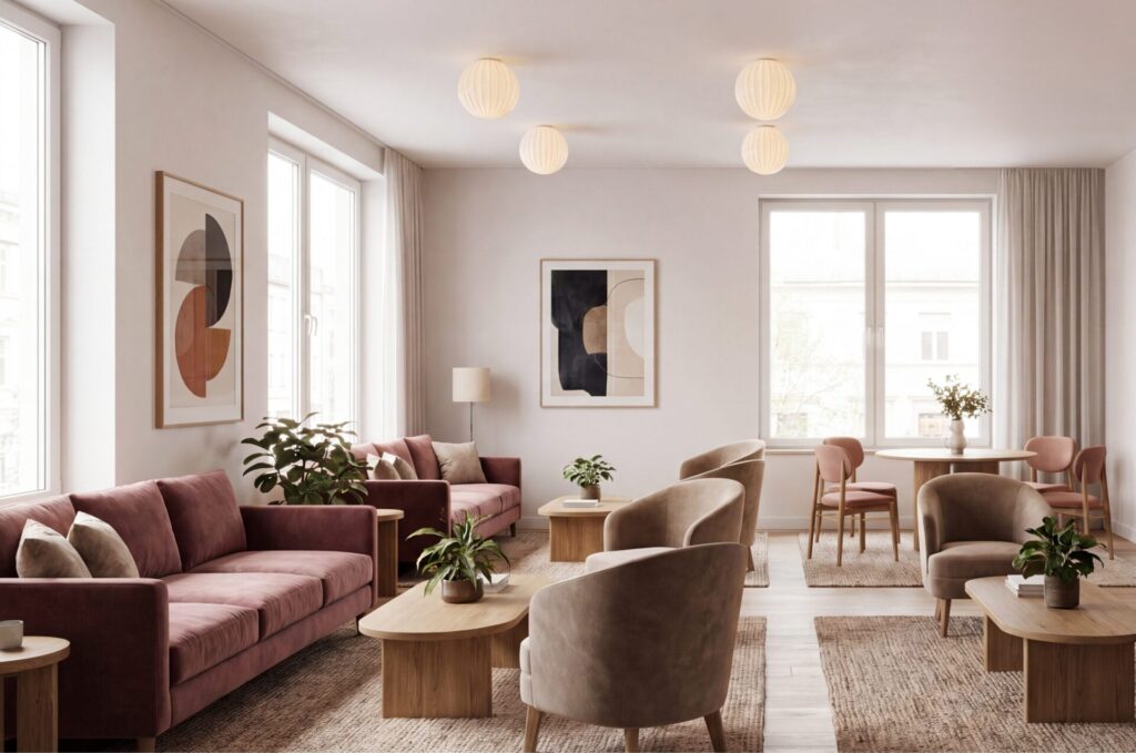 Hand-blown glass pendant lights from Coronet's Artisan Orb collection illuminate a hospitality lounge with textured spherical shades and soft ambient light.