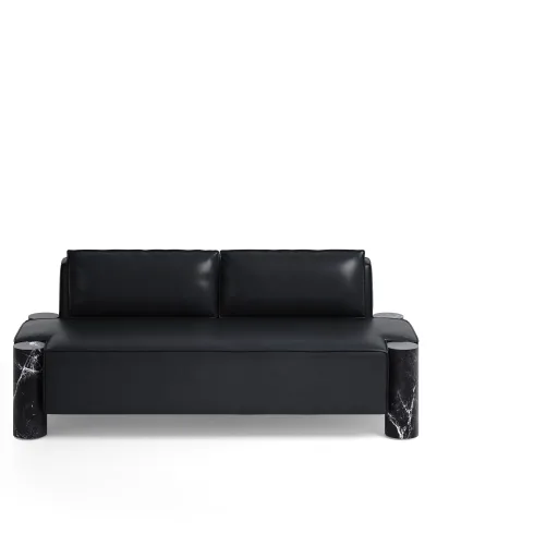 HBF Cosme three-seat lounge seating sofa in black leather with rounded black marble column legs and flange welt detailing.