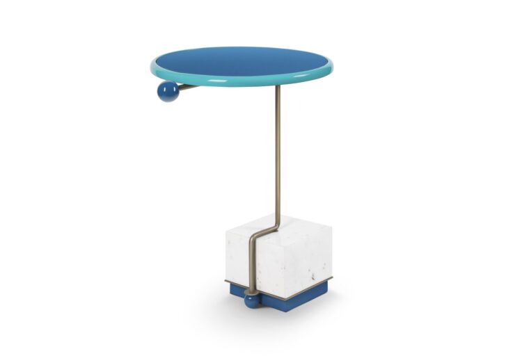 Taamaa Bau 01 accent table with blue lacquered top, turquoise rim, bronze stem and white stone base