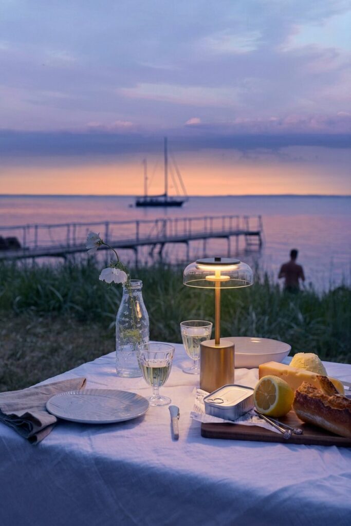 Nuura Blossi portable lighting in Nordic Gold casts a soft glow over an outdoor table overlooking the water at sunset, with a sailboat in the distance.