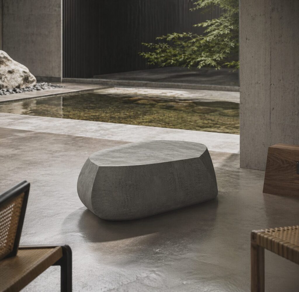 Low sculptural Aegir GFRC concrete planter doubles as a coffee table beside a reflective courtyard pool.
