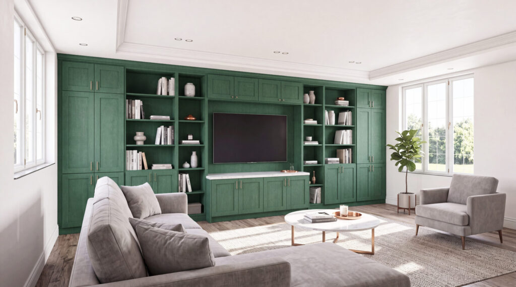 Fabuwood cabinetry in Seaside Pine stain wraps a bright living room media wall in deep green, with built-in shelving and concealed storage.