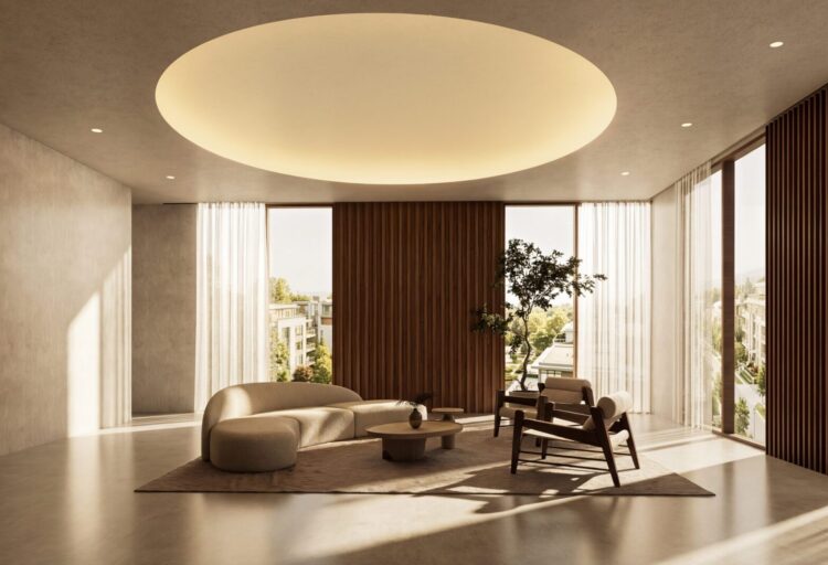 Coronet LED Lalina KnifeEdge cove lighting forms a large circular ceiling feature with concealed indirect illumination in a contemporary lounge.