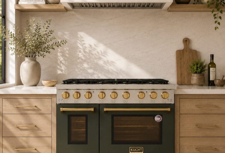 KUCHT Professional KFXX Series 48-inch Napa olive green gas range with gold hardware in a warm wood kitchen.