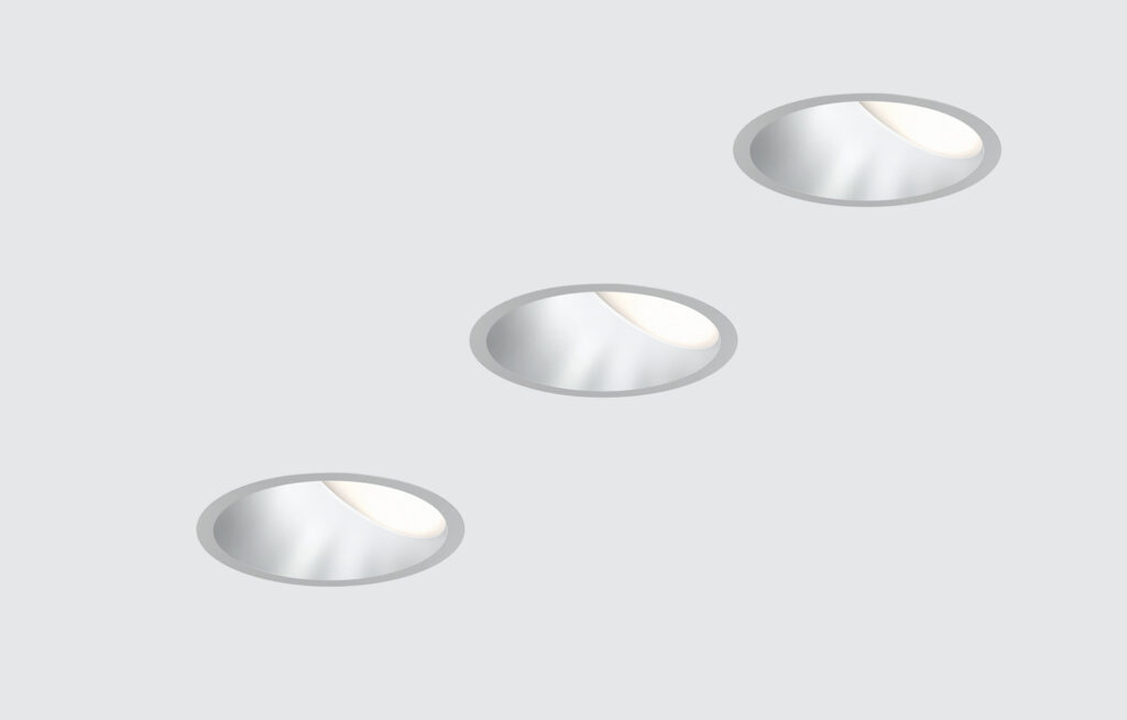 USAI Lighting LittleTwos NXT Multiples recessed lighting in a triple configuration with three adjustable 2-inch aperture fixtures in a recessed ceiling.
